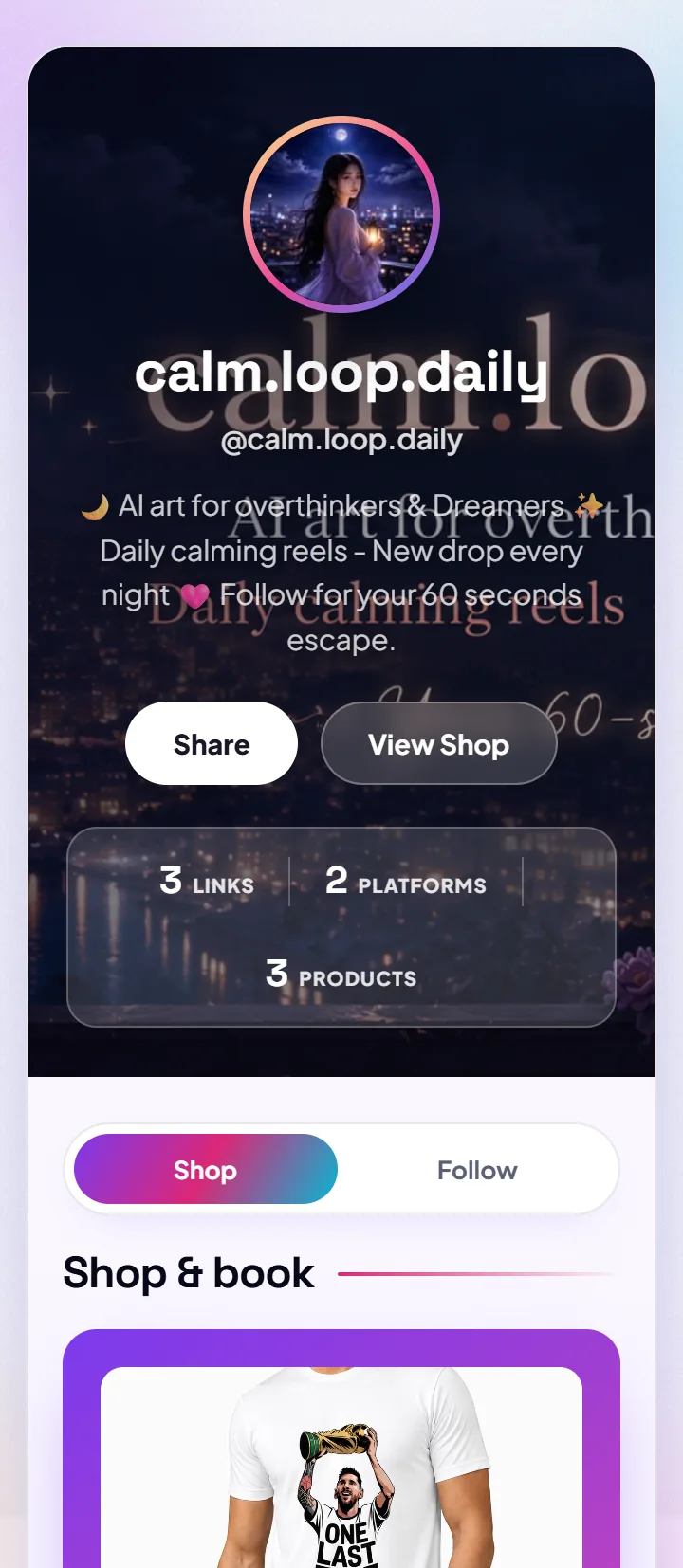 A creator’s FanRoute page with their bio, Share and View Shop buttons
