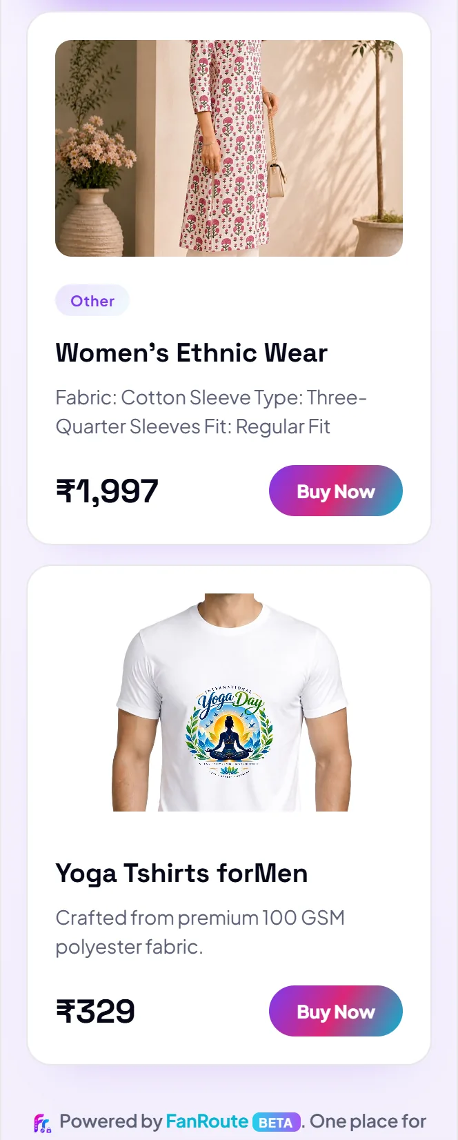 FanRoute product cards with ₹ prices and Buy Now buttons