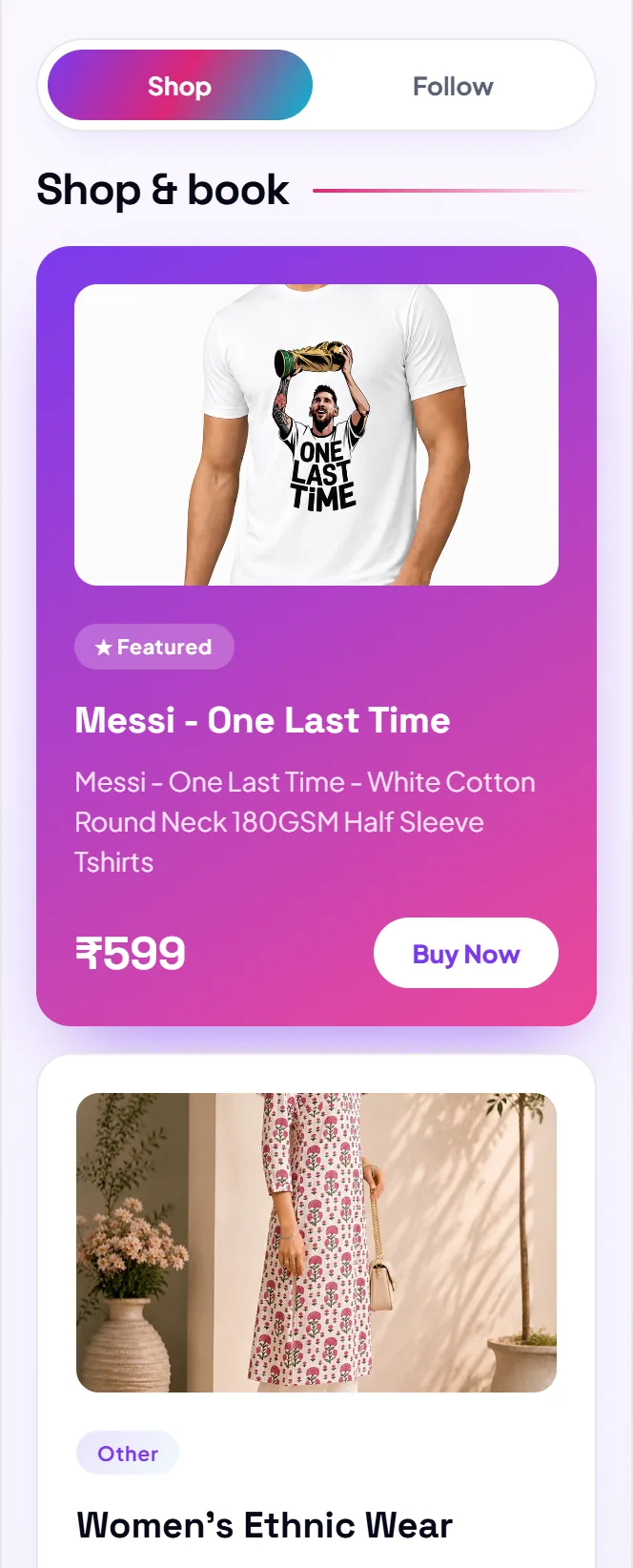 A FanRoute shop with a featured product, its ₹ price and a Buy Now button