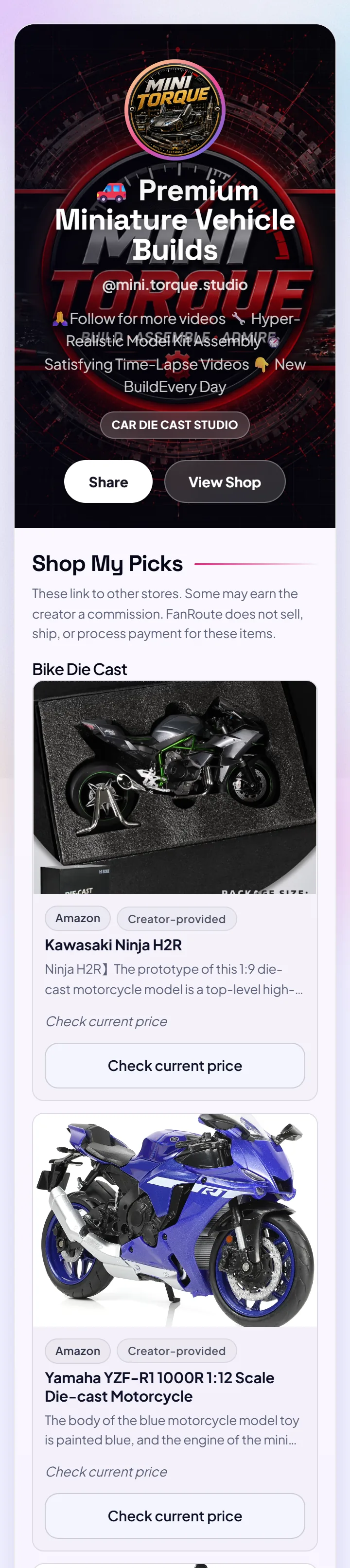 A FanRoute shop scrolling from its header to product cards with Check current price buttons